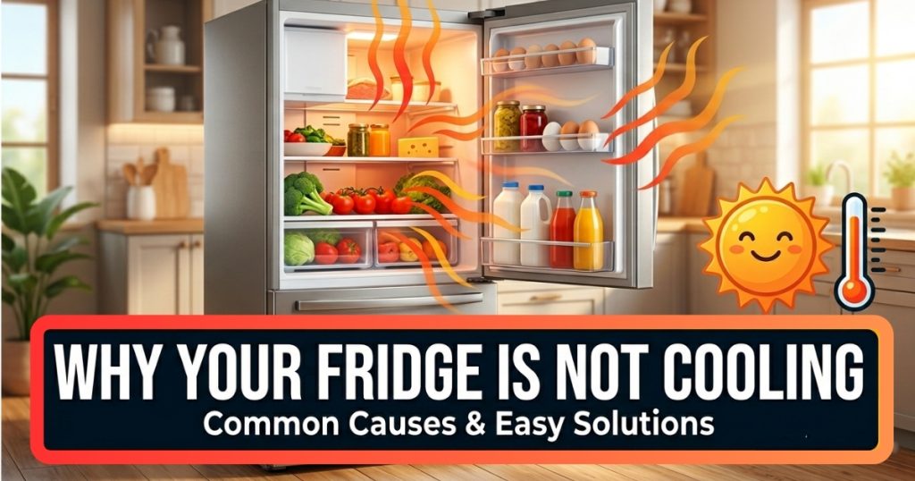 Open refrigerator with warm air icons and the text Why your fridge is not cooling
