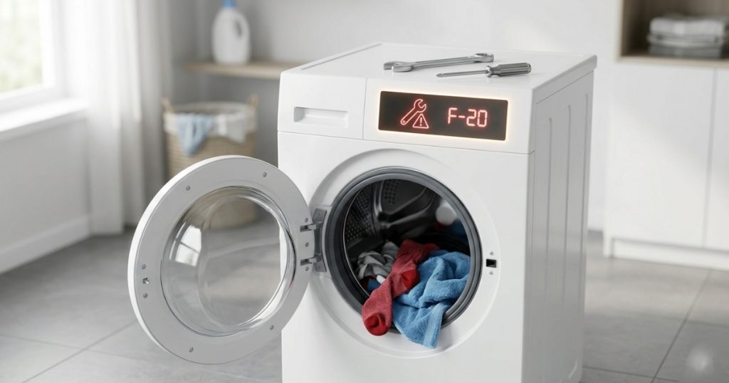 Front-load washer showing an F-20 error code